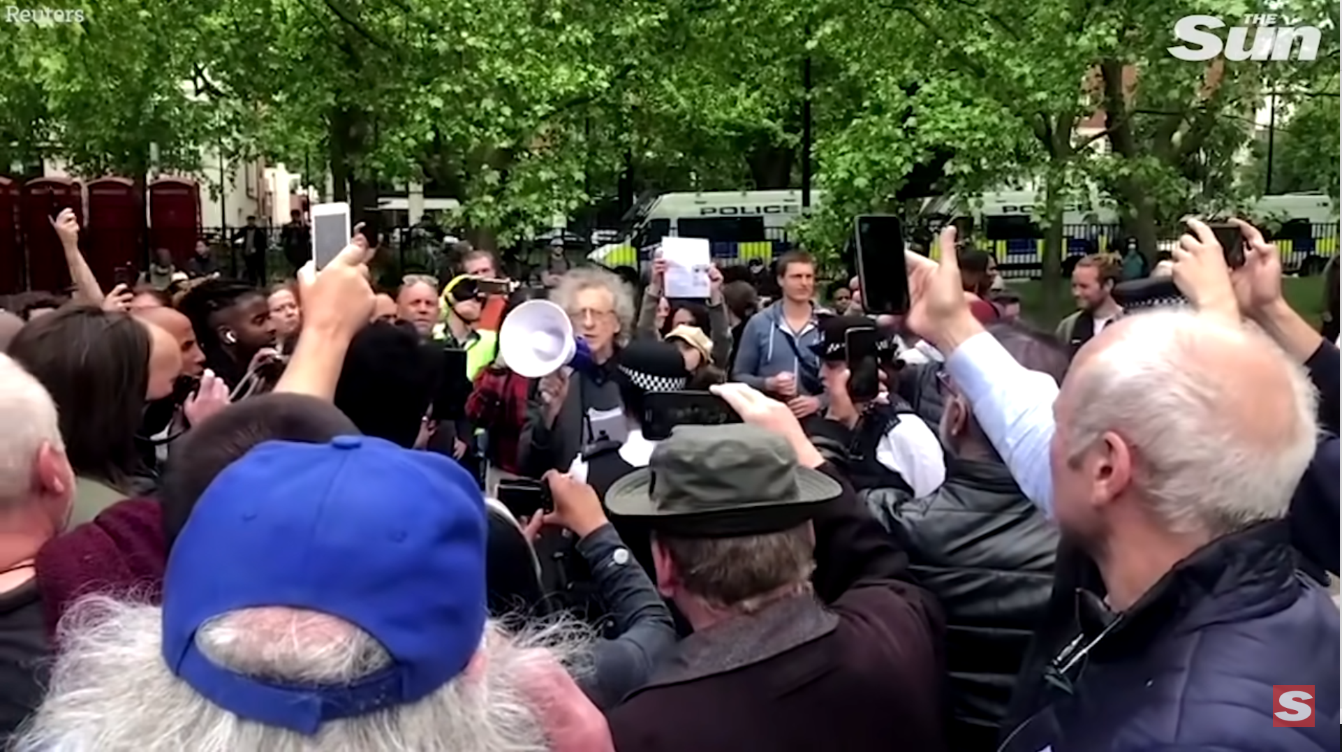Piers Corbyn and his megaphone - Photo Youtube/Reuters/The Sun