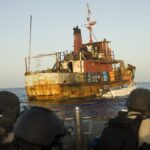 Naval boarding team approaching a suspected Somali pirate mothership