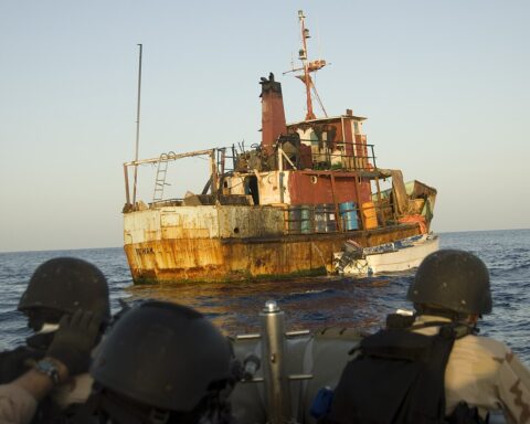 Naval boarding team approaching a suspected Somali pirate mothership