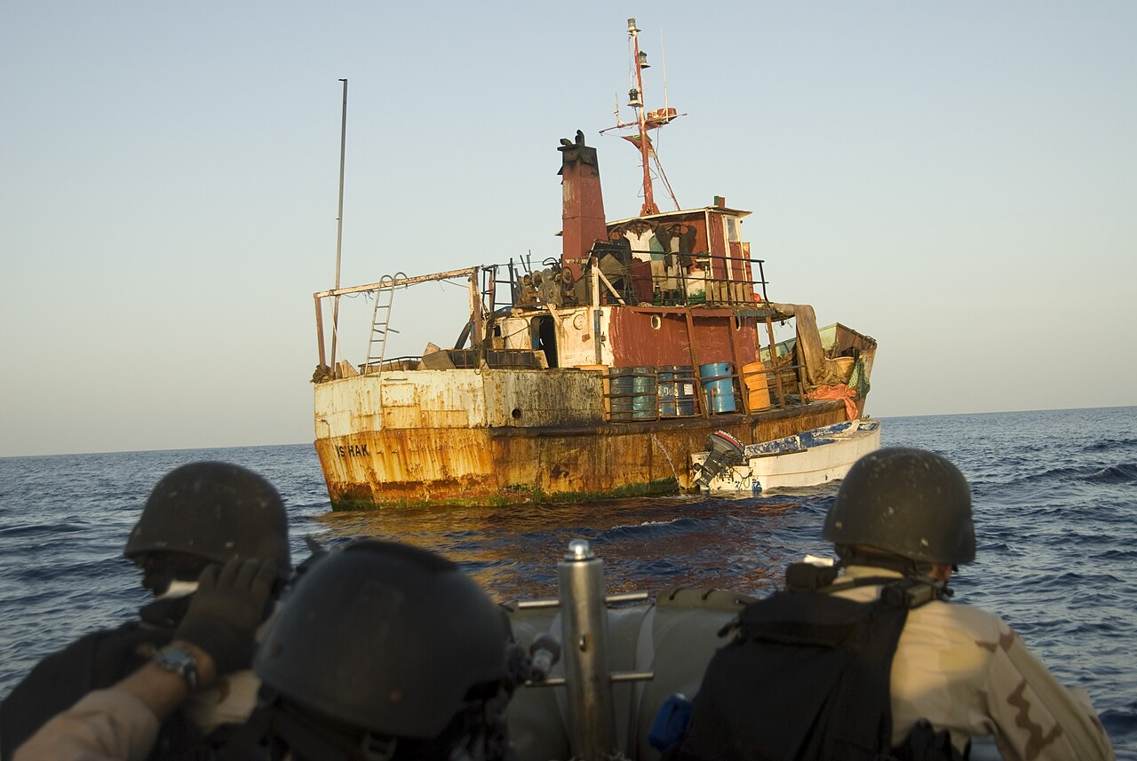 Naval boarding team approaching a suspected Somali pirate mothership