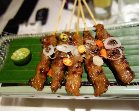 A portion of sate ayam (grilled chicken satay skewers) in Jakarta, Indonesia