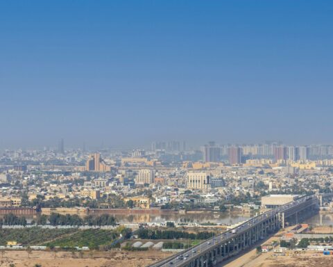 Aerial view of Baghdad and the Tigris River, Iraq